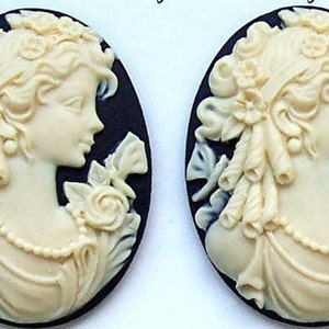 2 IVORY Color on Black Lady Goddess with Long Curls Adorned with Dragonflies and Flowers 40mm x 30mm Cameo Cameos Costume Jewelry