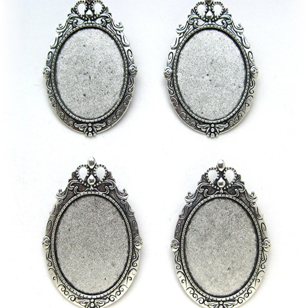 4 Antiqued SILVERTONE ROYAL Style Brooch Pin Pendant 40mm x 30mm CAMEO Frames Settings Mountings for Making Costume Jewelry Crafts