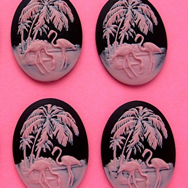 4 Tropical PINK on BLACK FLAMINGOS Pink Birds with Palm Trees Islands Caribbean Cameo 40mm x 30mm Cameos Lot Bird Cabochons Costume Jewelry