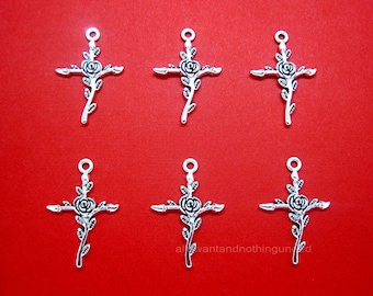 6 Antiqued Silver Tone Gothic Emo Rose Thorn Cross Pendant Pendants Wiccan Goth Charms to Make Costume Jewelry Crafts Earrings or Necklaces