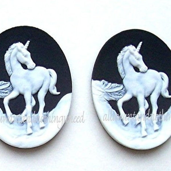 2 White Mythological UNICORN Unicorns on a Black Background Cameos 40mm x 30mm Resin Cameo Lot Horse Equine for Making Costume Jewelry