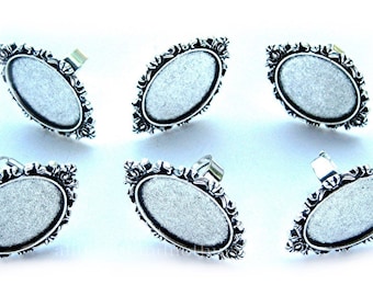 6 ANTIQUED Silvertone 25mm x 18mm Adjustable Ring Blanks RENAISSANCE Gothic Style Ring Settings Frames for Making Costume Jewelry or Crafts