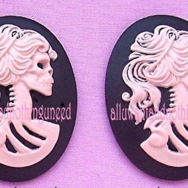 2 Goth Halloween Lolita Bright Pink color LADY She SKULL on Black 40mm x 30mm Cameos Skeleton Day of Dead Wiccan Halloween Costume Jewelry