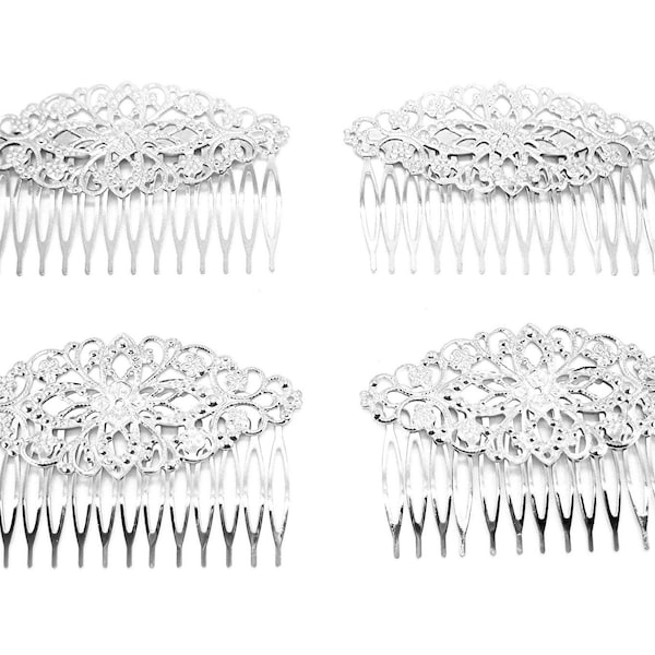 4 Fancy SILVERTONE Filigree Metal Hair Combs Blanks 81mm x 55mm x 1.6mm Decorate w/ CAMEOS, Flowers, Rhinestones for Weddings Prom, Parties