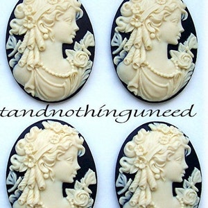 4 IVORY Color on Black Lady Goddess with Long Curls Adorned with Dragonflies and Flowers 40mm x 30mm Cameo Cameos Costume Jewelry