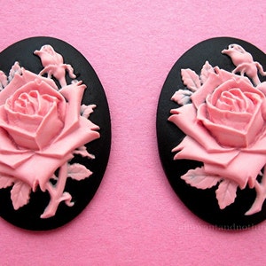 2 Roses Floral Rose Flower Light Pretty Pink Color on Black 40mm x 30mm Resin CAMEOS LOT for Making Costume Jewelry