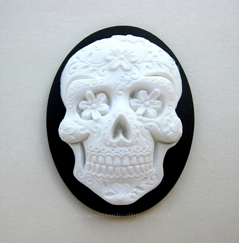 2 Goth Day of the Dead White Sugar Skull with Flowers on Black Día de los Muertos Emo Halloween 40mm x 30mm Resin CAMEOS Calaveras de Azúcar image 2