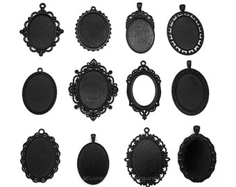 12 BLACK METALLIC 40mm x 30mm CAMEO Mixed Lot Metal Settings Frames Pendant Pendants 40mm x 30mm for Making Costume Jewelry Crafts Lot