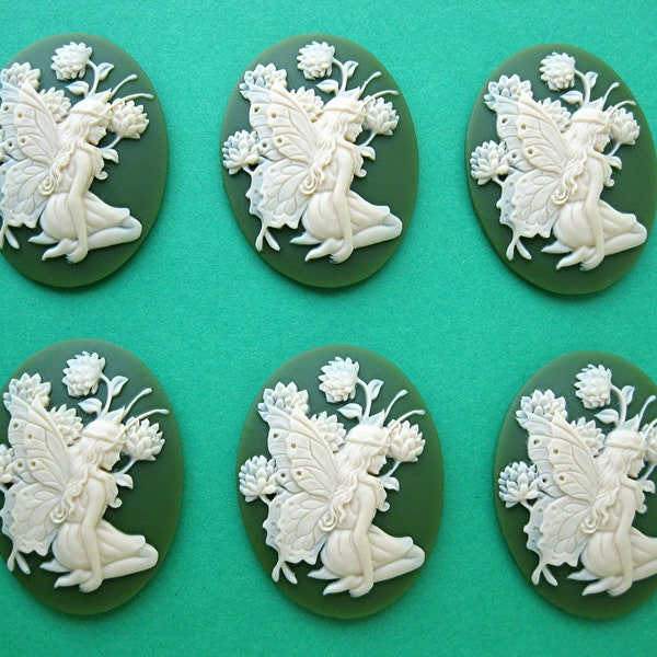 6 New Fairy and Thistle Ivory Beige Color on IRISH GREEN 25mm x 18mm Resin CAMEOS Cabochons Lot for Making Costume Jewelry or Crafts