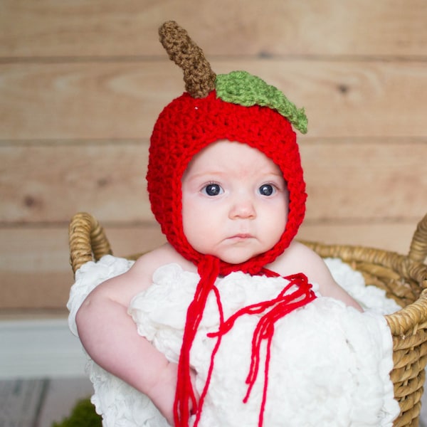 Apple Hat, Apple Bonnet, Newborn Bonnet, Newborn Apple Hat, Crochet Baby Bonnet, Baby Apple Hat, Newborn Photo Prop, Crochet Baby Hat