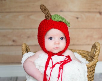 Apple Hat, Apple Bonnet, Newborn Bonnet, Newborn Apple Hat, Crochet Baby Bonnet, Baby Apple Hat, Newborn Photo Prop, Crochet Baby Hat