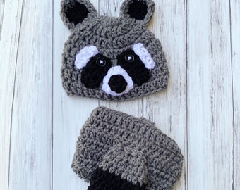 Raccoon Hat, Raccoon Set, Baby Raccoon Set, Crochet Baby Hat, Crochet Raccoon Set, Knit Baby Hat, Knit Raccoon Set, Raccoon Costume