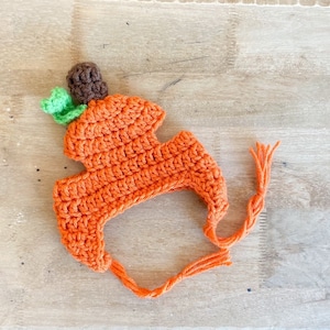 May include: A crocheted pumpkin hat with a green stem and brown top. The hat has a long orange tassel.