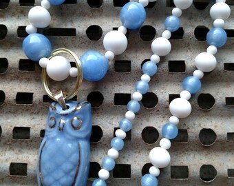 Cornflower Blue- Blue Owl Necklace,  Owl Jewelry,  Bird Necklace, Recycled, Bird Jewelry, Owl Pendant. Ceramic Owl Pendant, Blue and White