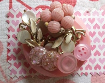 Pretty In Pink - Pink Button Pin, Repurposed Brooch, Vintage Costume Jewelry Brooch, Pink Jewelry, Retro Brooch, Pink Earring Brooch