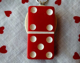 Oh Domino-Bakelite Domino Pendant Necklace, Red Domino, Domino Jewelry, Fun Jewelry, Domino Game, Red and White Jewelry, Kitsch Necklace