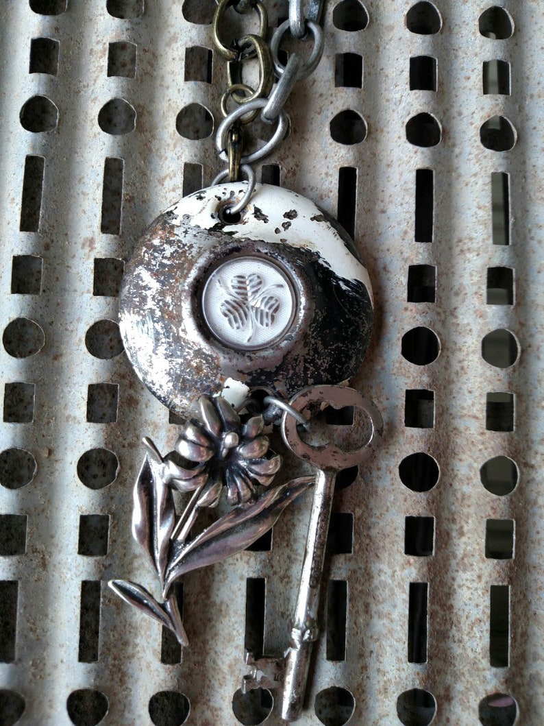 Urban Flower-Metal Hardware Necklace Industrial Chic Skeleton Key Necklace Repurposed Necklace Black and White Necklace Door Hardware