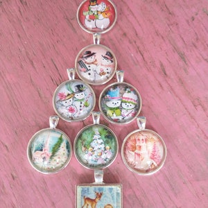 Christmas Kitsch Pendants, Christmas Necklace, Vintage Christmas Pendants, Christmas card pendants, pink Christmas, Snowmen pendants