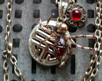 Spider Woman-Gold Necklace, Re-Purposed Necklace, Upcycled Necklace, Insect Necklace, Red Jewel Spider, Boho Necklace, Nature Lover Necklace