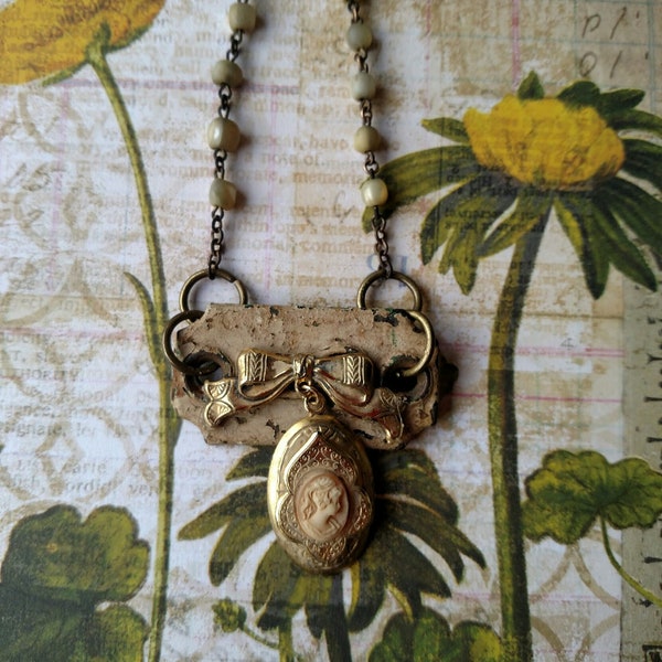 Eva-Cameo Rosary Bead Necklace, Antique Necklace, Vintage Necklace, Rosary Beads, Cameo, Antique Hardware, Romantic, Chabby Chic, Repurposed