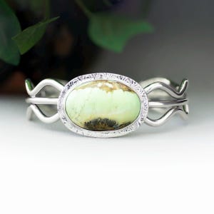Chunky Lemon Chrysoprase Jasper Cuff Bracelet for Her Sz S. Handmade Sterling Silver Artisan Gemstone Bracelet, Boho Statement Jewelry Gift