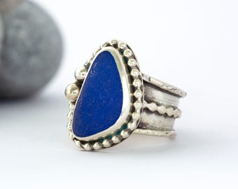 Blue Sea Glass Cocktail Ring Sz 5, Handmade Boho Chic Jewelry, blue beach glass statement ring, unique one of a kind wide band rings