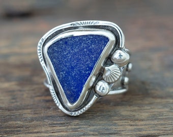 Sz 9.5 Frost Cobalt Blue Sea Glass Silver Statement Ring