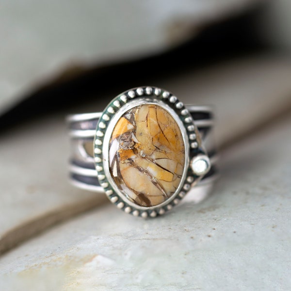 Yellow Mookaite Jasper Silver Ring Sz 11, Handmade Boho Chic Jewelry, Western Sterling Silver Artisan Jewelry for Women, Blackened wide band