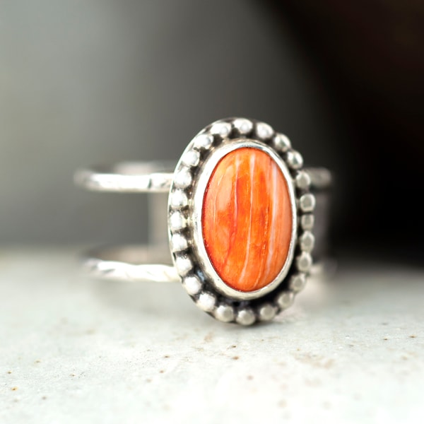 Orange Spiny Oyster Ring sz 8, Handmade Boho Chic Western Jewelry for women, Blackened Sterling Silver Tapered wide band rings