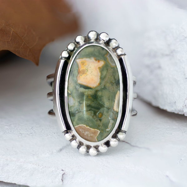 Rhyolite Jasper Statement Ring sz 10, Handmade boho chic Artisan Jewelry, Chunky Wide Band Sterling Silver Rings, unique one of a kind