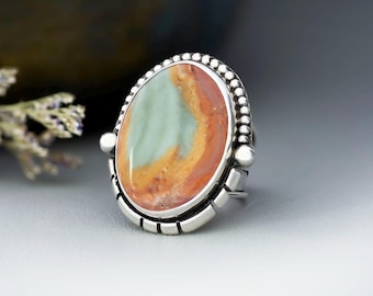 Polychrome Jasper Ring 7.5, Cool Handmade Chunky Sterling Silver Desert Jasper Ring for Women - Natural Gemstone Jewelry