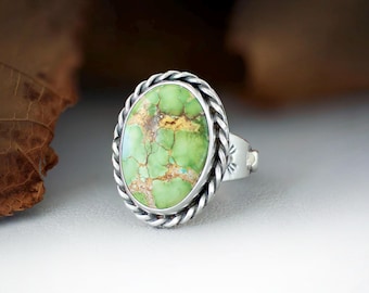 Chunky Sonoran Rose Gold Turquoise Ring 7.5, Handmade Artisan Statement Gemstone Ring for Her, Boho Sterling Silver Turquoise Jewelry Gift