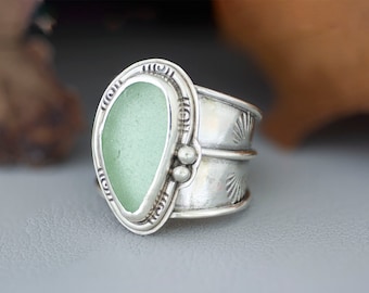 SEA GLASS Ring sz 10.5, Handmade 925 Sterling Silver Beach Glass Statement Ring for Women, Big Chunky Solid Silver Ring Gift for Her