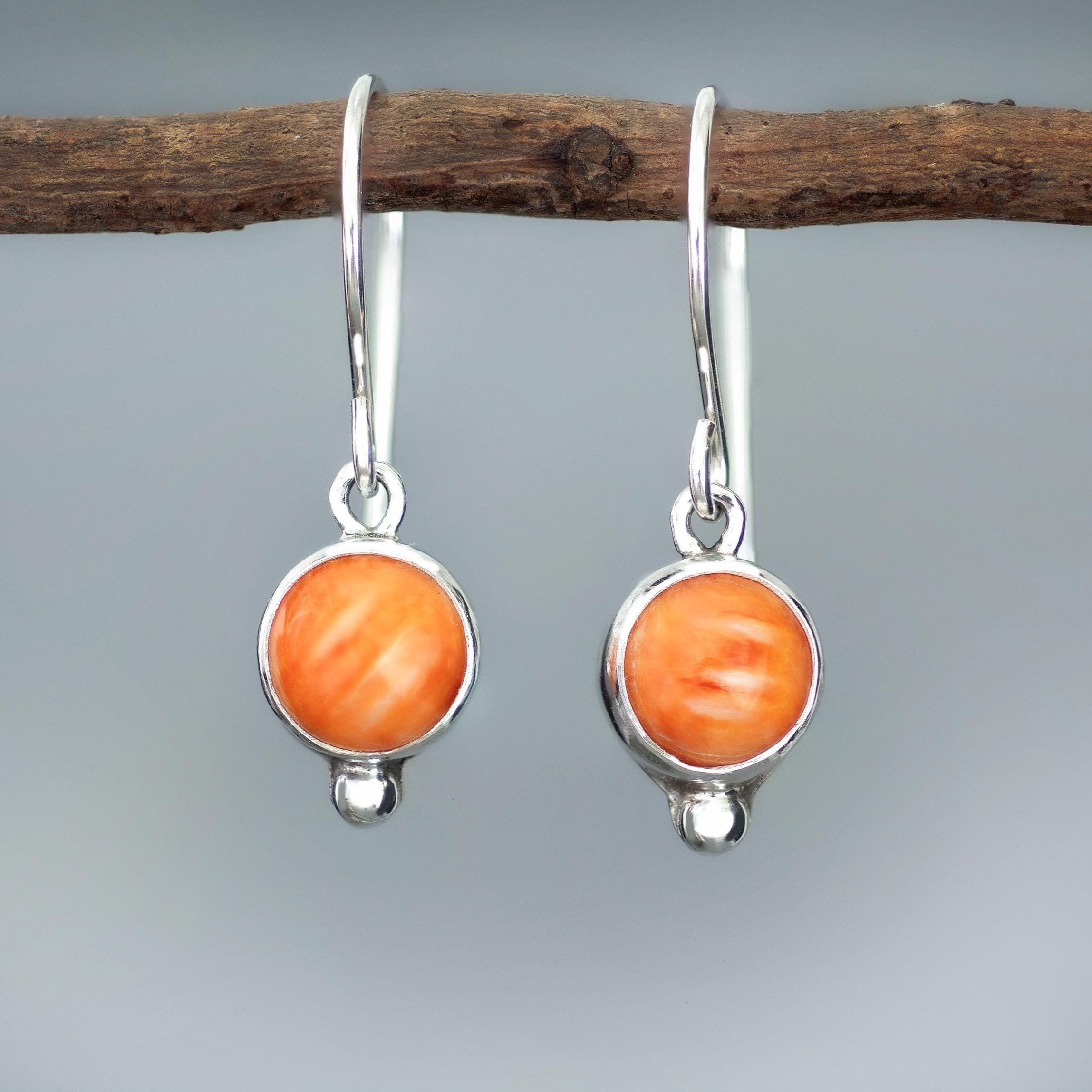 Orange Spiny Oyster Earrings, Cute Handmade Dainty Sterling Silver Drop Earrings for Women, Natural Stone Jewelry for Her, Cool Unique Gift