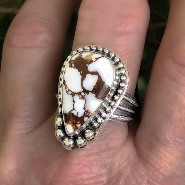 Chunky Wild Horse Jasper Ring - Sterling Silver Handmade Rustic Artisan Gift for Her - Size 9