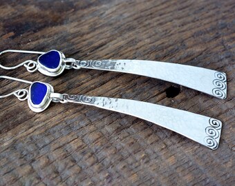 Cobalt Blue Sea Glass Drop Dangle Silver Earrings