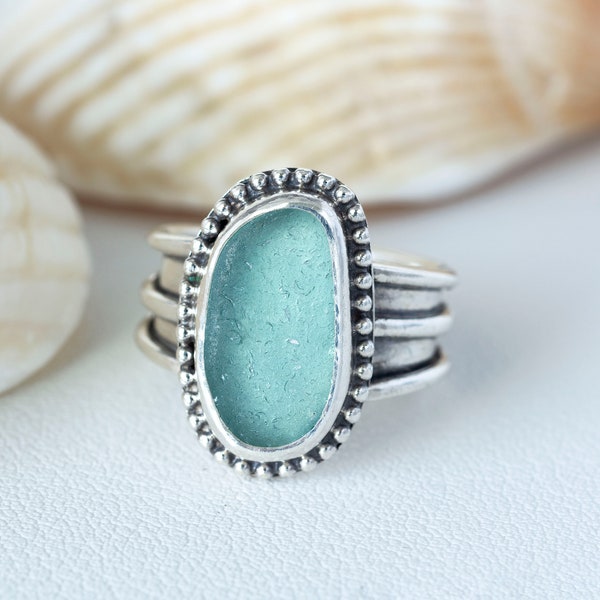 Sea Glass Ring Sz 5, Handmade Boho Chic Beach Glass Jewelry for women, Unique one of a kind wide band rings, Sterling Silver Chunky Ring