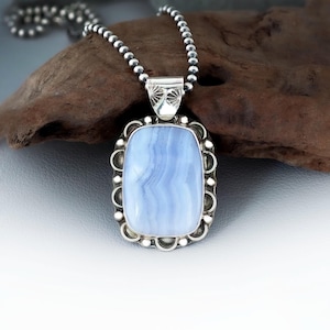 Blue Lace Agate Statement Necklace, Chunky Handmade Sterling Silver Necklace for Women, Big Natural Gemstone Jewelry for Her, Unique Gift