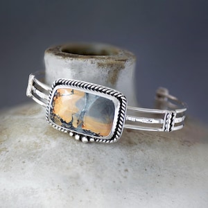 Peachy Maligano Jasper Cuff Bracelet sz S, Handmade Sterling Silver Statement Bracelet for Her, Unique Artisan Bohemian Jasper Jewelry Gift