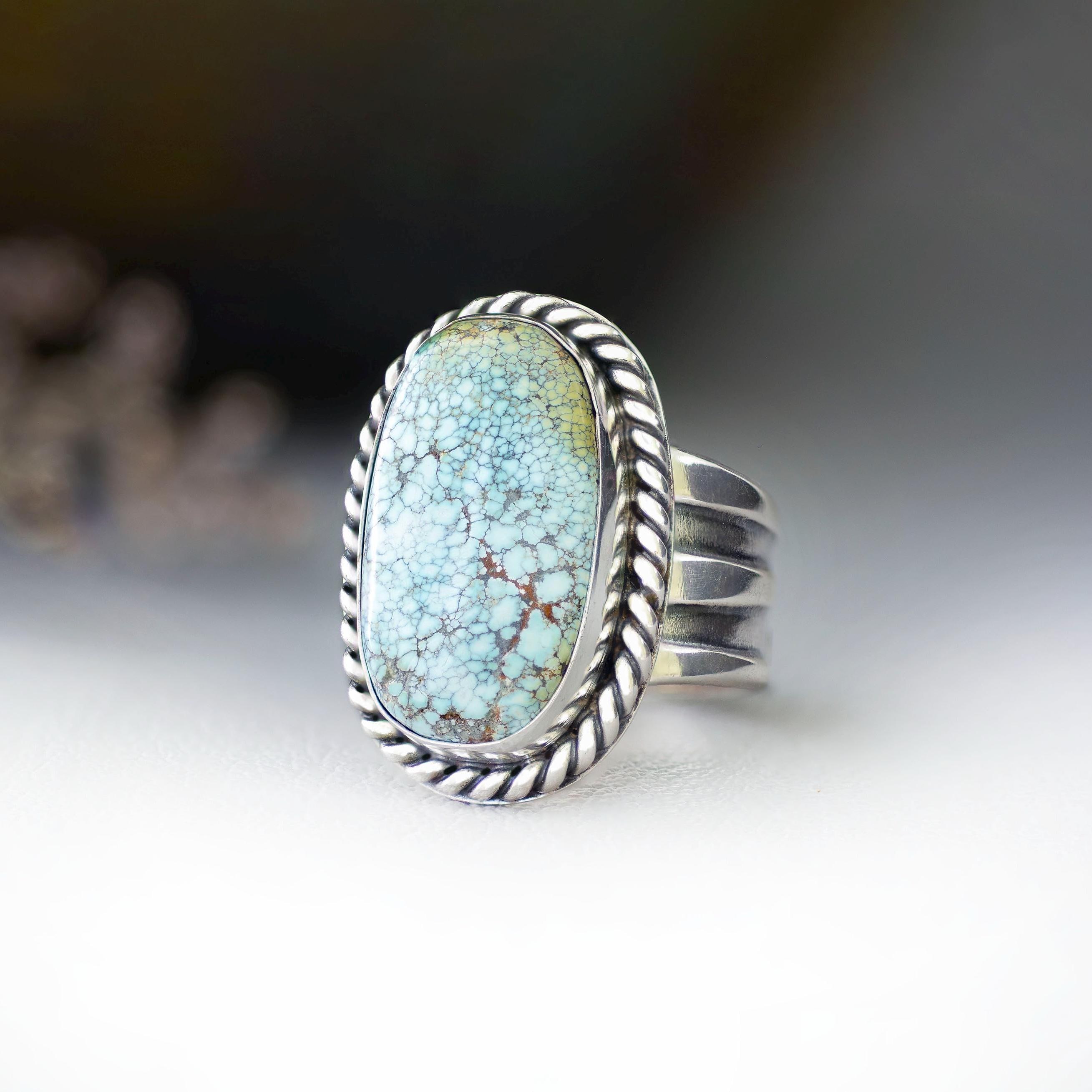 Turquoise Cocktail Ring 7, Handmade Sterling Silver Chunky Statement Ring for Women, Natural Stone Jewelry Gift for Her