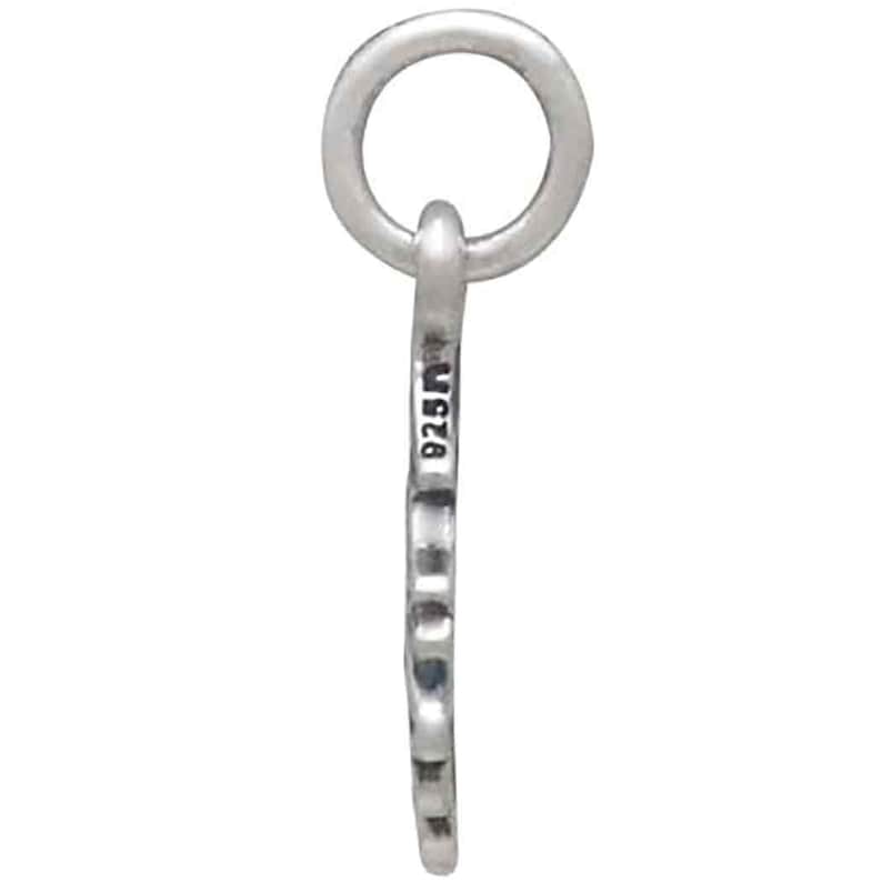 May include: A silver-colored charm with a circular loop at the top and a stylized shape below. The charm has the text "925" on its side, indicating its material. The design is simple and elegant, suitable for jewelry making.