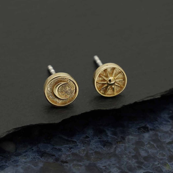 Bronze and 925 sterling silver stud earrings moon and sun