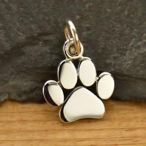 May include: A silver charm in the shape of a paw print. The charm has a loop at the top for attaching to a necklace or bracelet.
