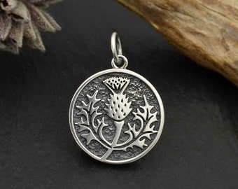 Pendant thistle plant round coin 925 real silver