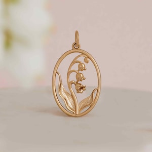 Pingente de bronze, lírio-do-vale, medalhão oval, flor, 24 mm