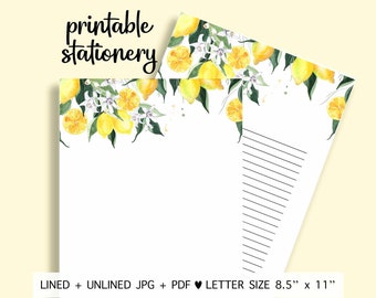 Printable Lemon Stationery. Lemon Letter Paper. Lemon Paper. Printable Lemon Stationary Paper. Penpal Letter Paper. Lemon Lined Paper.