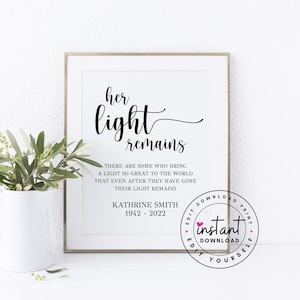 Editable Her Light Remains Printable. Wedding Memorial for Mom. Wedding Memorial Candle Sign. Wedding Memorial Table. Custom Memorial Sign.