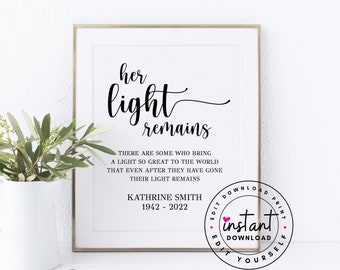 Editable Her Light Remains Printable. Wedding Memorial for Mom. Wedding Memorial Candle Sign. Wedding Memorial Table. Custom Memorial Sign.