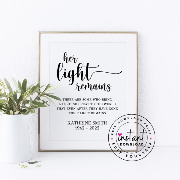 Editable Her Light Remains Printable. Wedding Memorial for Mom. Wedding Memorial Candle Sign. Wedding Memorial Table. Custom Memorial Sign.