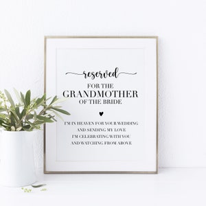 Druckbares Memorial Chair Schild. Reserviert für die Großmutter der Braut. Großmutter der Braut Gedenkschild zur Hochzeit.